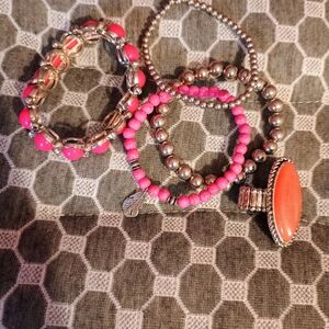 Silver and Pink Beaded Bracelet Set